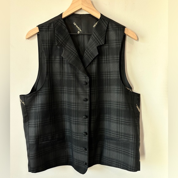 Vintage Stacy Adams Black on Black Plaid Button Down Vest Size 42L - Picture 6 of 7